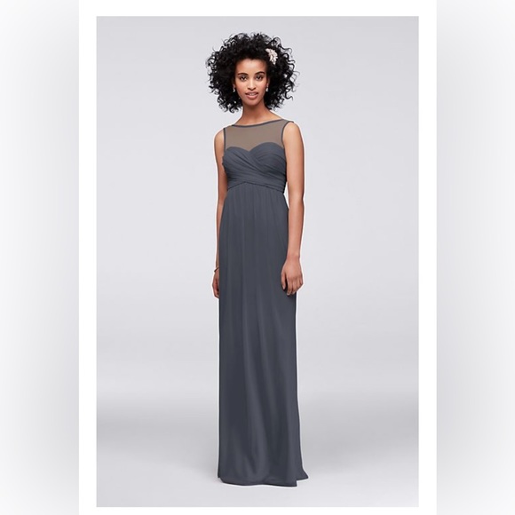 Pewter Gray David’s Bridal Long Illusion Mesh dress - Picture 1 of 7
